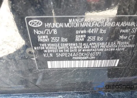 2019 Hyundai Sonata Se z USA, uszkodzony, nr VIN 5NPE24AF0KH760171